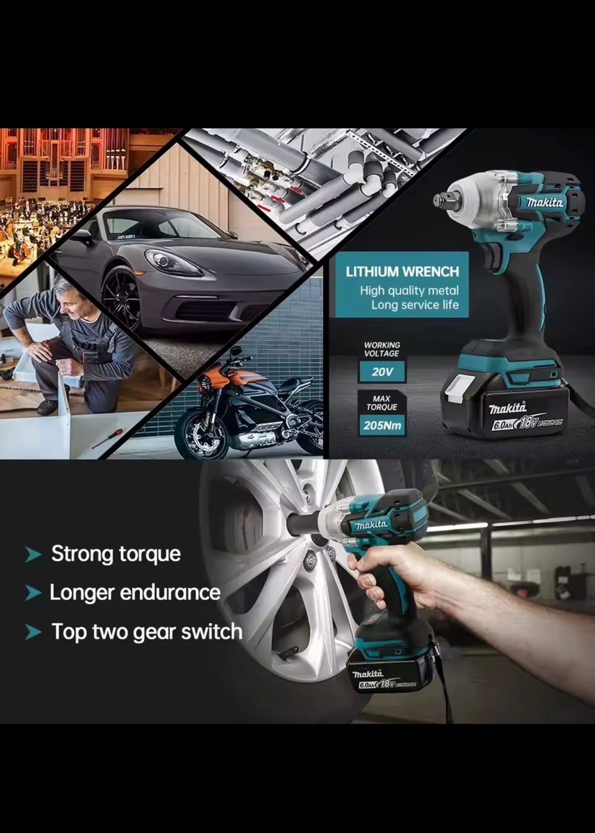 Makita DTW285 high torque impact wrench, wireless rechargeable handheld wrench, 18V lithium battery multifunctional tool
