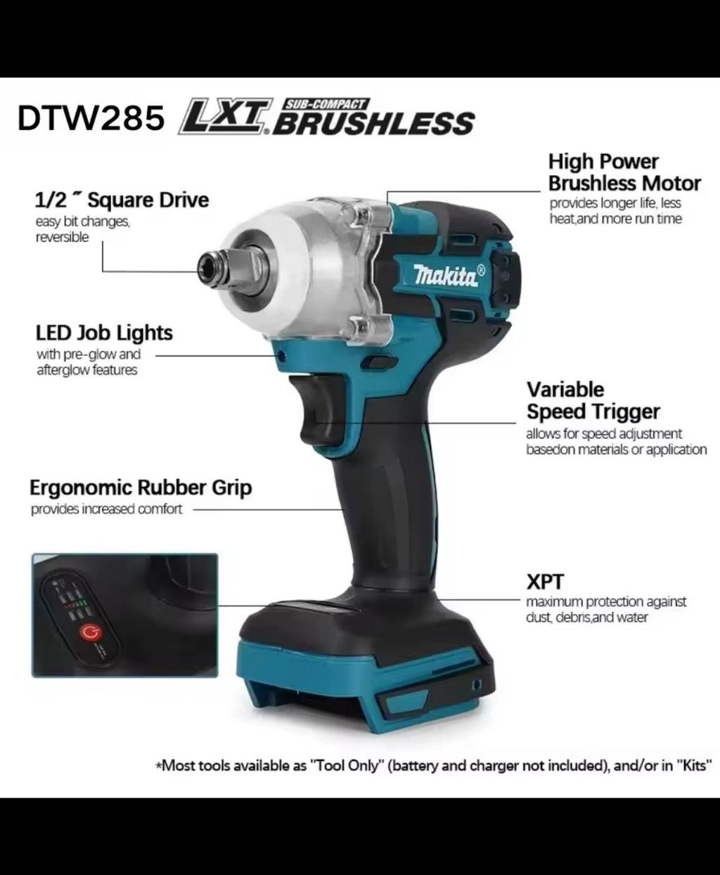 Makita DTW285 high torque impact wrench, wireless rechargeable handheld wrench, 18V lithium battery multifunctional tool